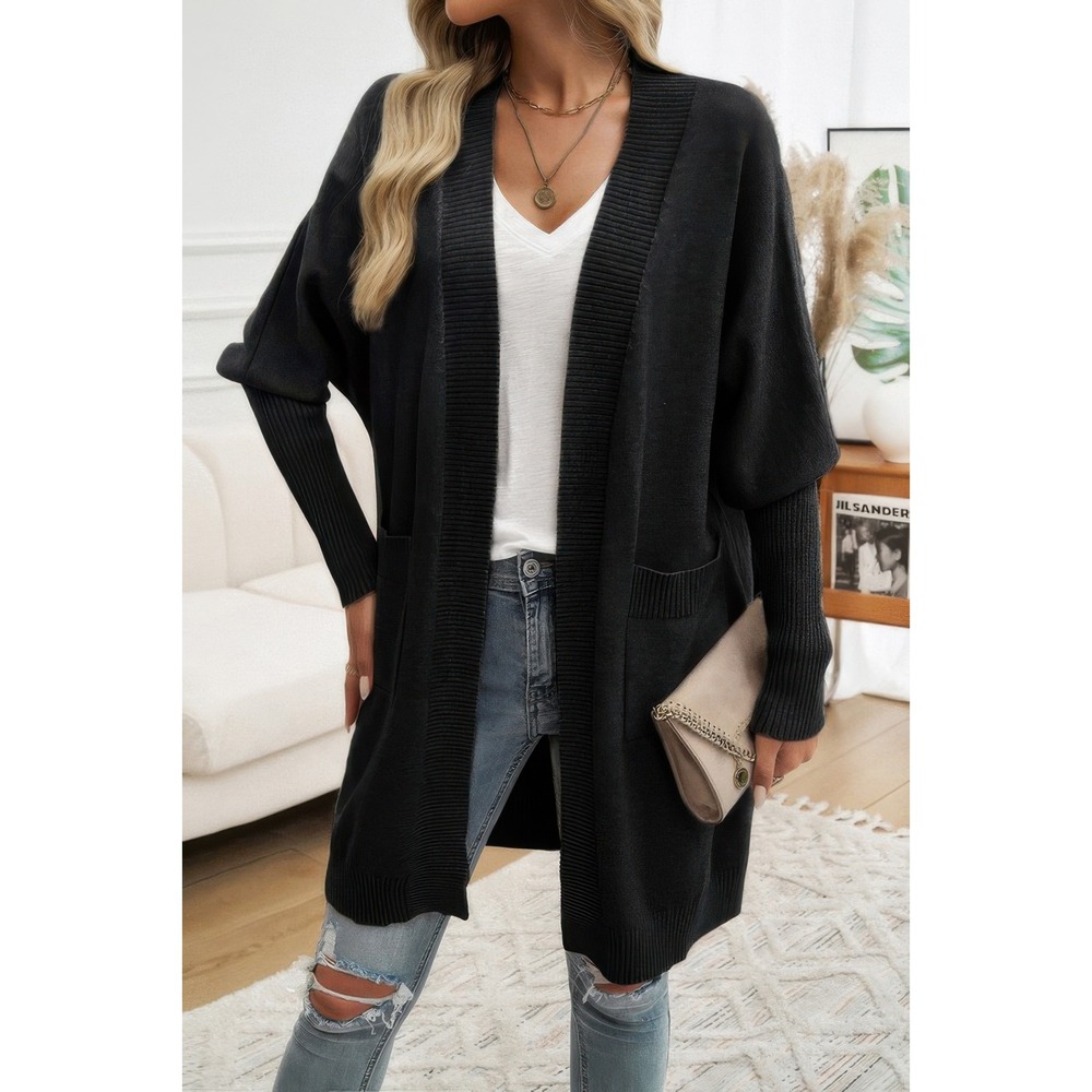 Womens Black Open‎ Front Long Sleeve Knit Cardigan Sweater Pockets
